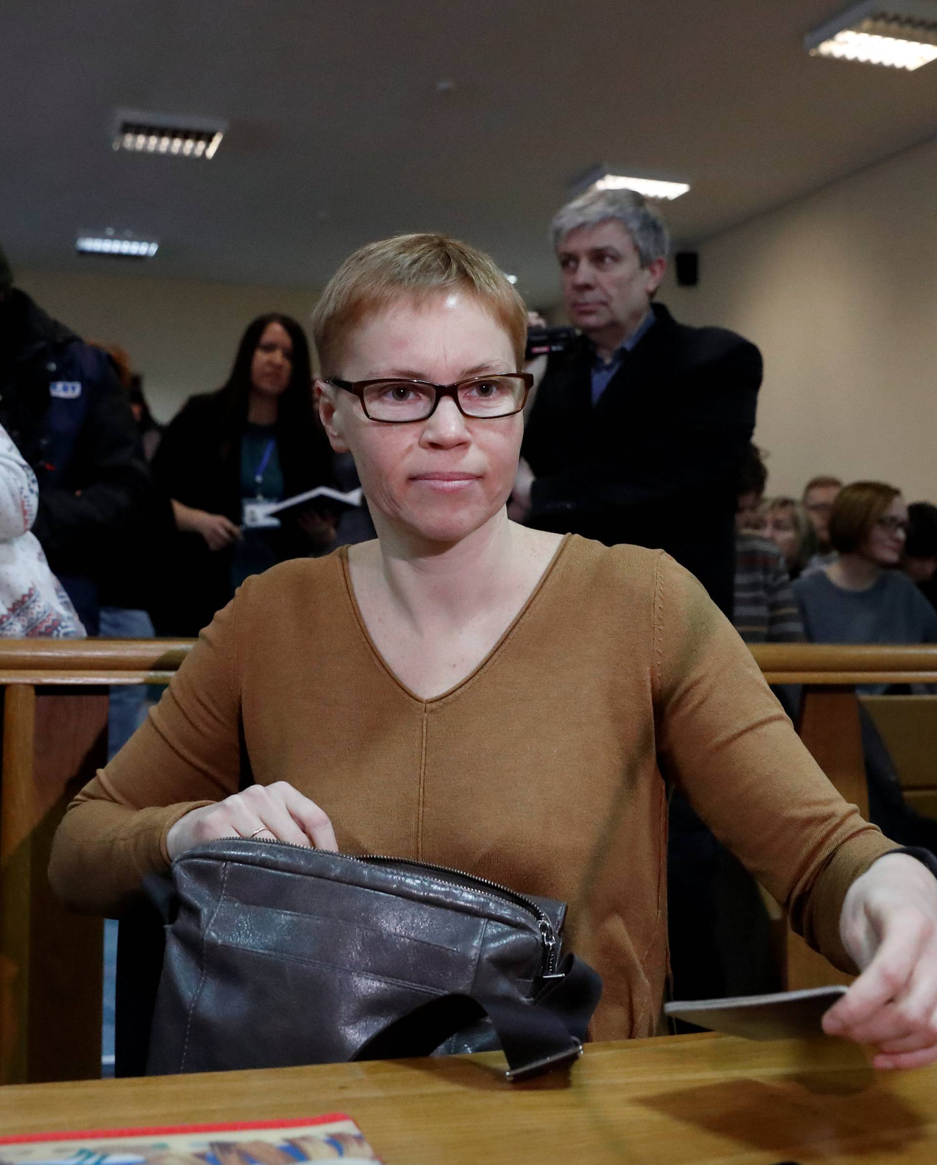 Zolotova, editor-in-chief of Tut.by independent news website, who was accused of illegally obtaining information from a state-run news agency, arrives to attend a court hearing in Minsk
