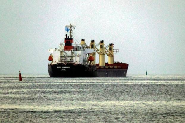 Lebanese-flagged bulk carrier Brave Commander leaves the sea port of Pivdennyi with wheat for Ethiopia, in the town of Yuzhne