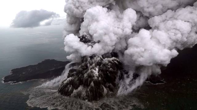 An aerial view of Anak Krakatau volcano during an eruption at Sunda strait in South Lampung