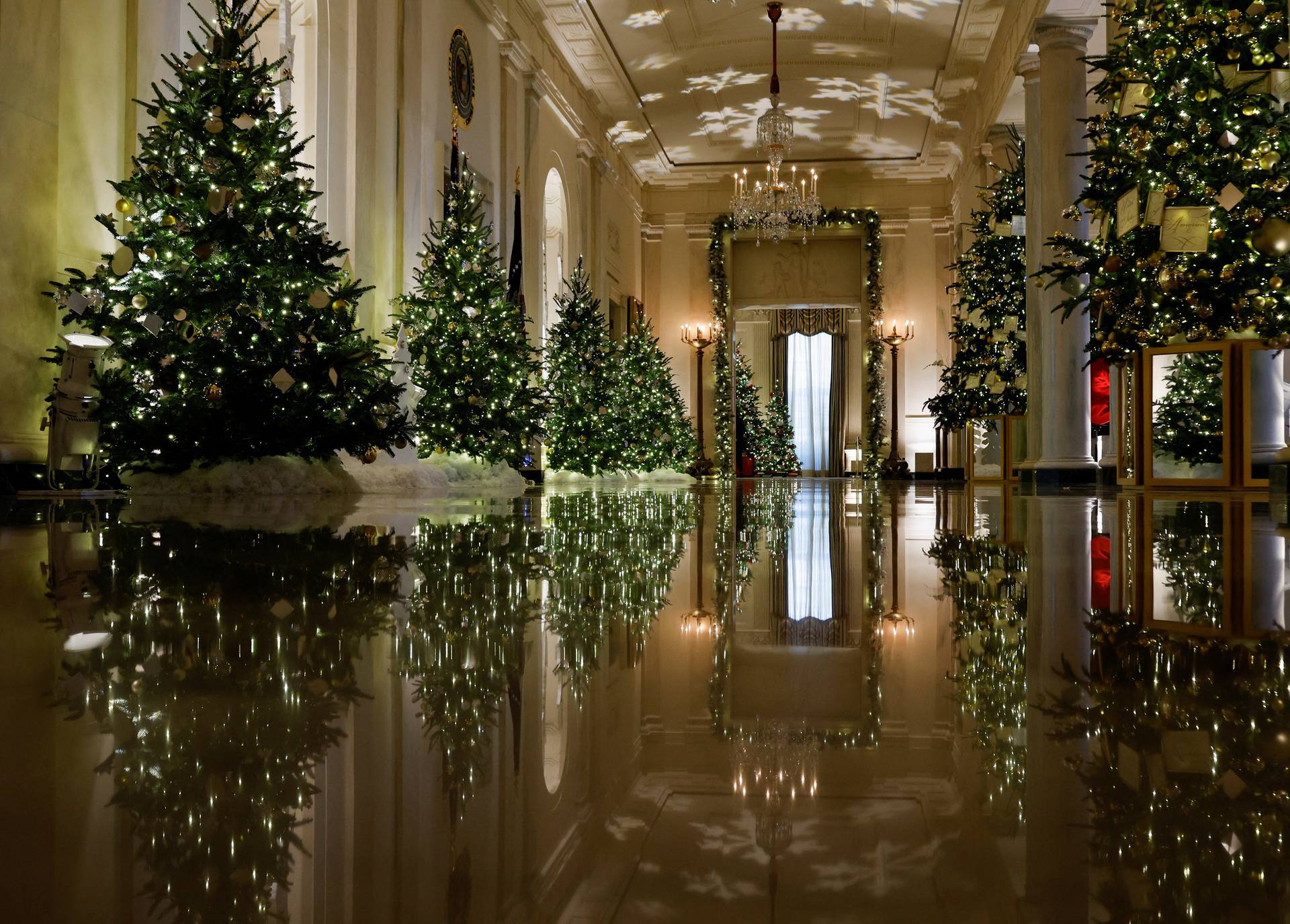 Christmas decorations on the theme "We the People" are unveiled during press tour at the White House