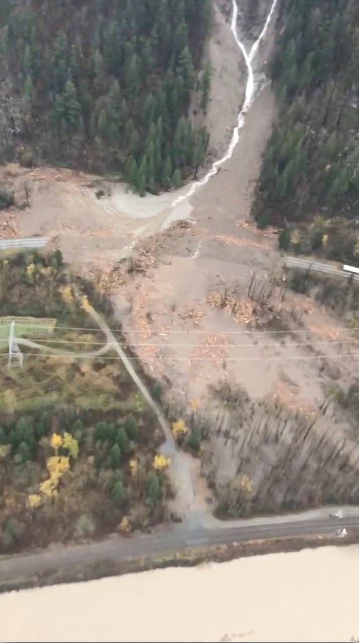 An aerial view shows landslide and damage on Highway 7 near Agassiz, British Columbia