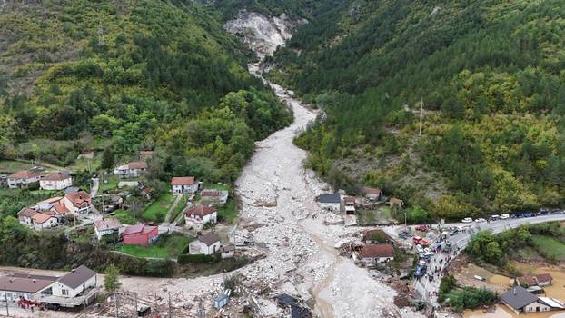 A drone view shows a flooded residential area in Donja Jablanica