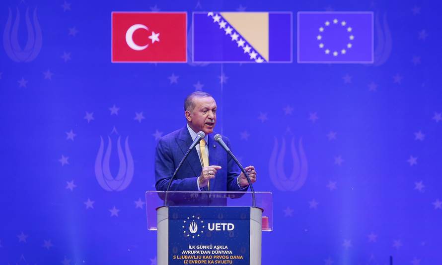 Turkish President Tayyip Erdogan attends a pre-election rally in Sarajevo