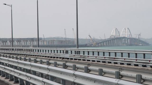 A view shows a bridge, which is constructed to connect the Russian mainland with the Crimean Peninsula, in Krasnodar Region