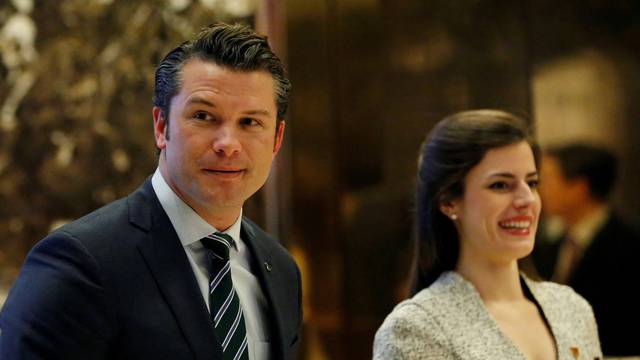 FILE PHOTO: Pete Hegseth, former executive director of Vets For Freedom, looks at the media members while waiting for the escalator in the lobby of Trump Tower in Manhattan, New York