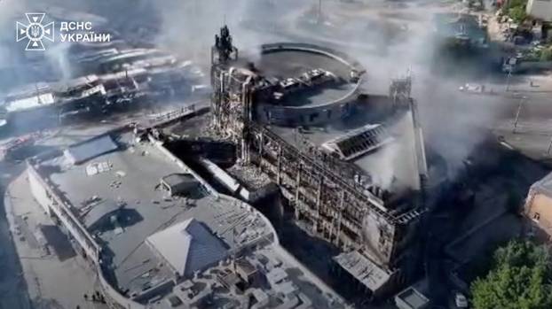 A drone view of a damaged building following a Russian strike in Kyiv