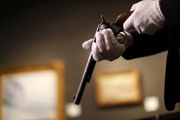 A media preview of the Colt Single Action Army revolver used to kill Billy the Kid in Los Angeles