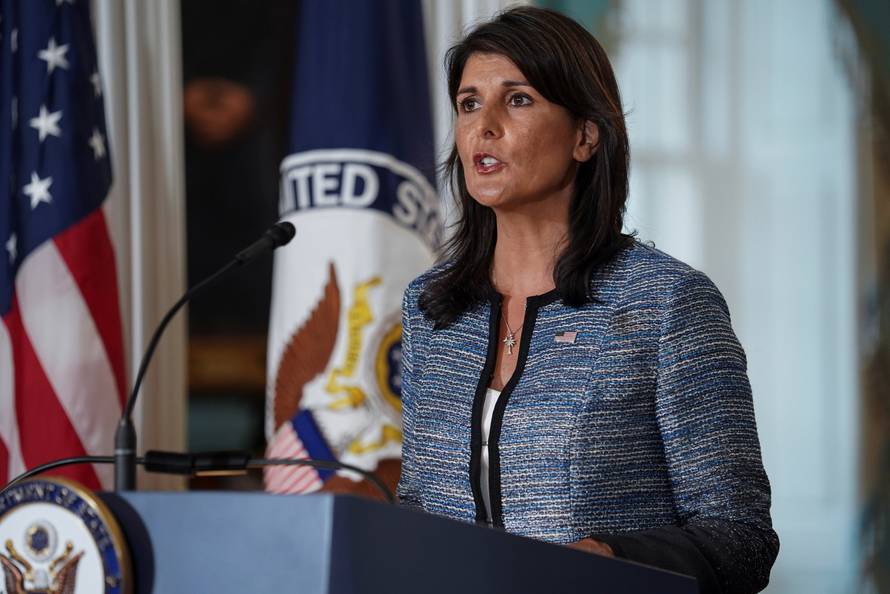 U.S. Ambassador to the United Nations Nikki Haley delivers remarks to the press together with U.S. Secretary of State Mike Pompeo, announcing the U.S.'s withdrawal from the U.N's Human Rights Council at the Department of State in Washington