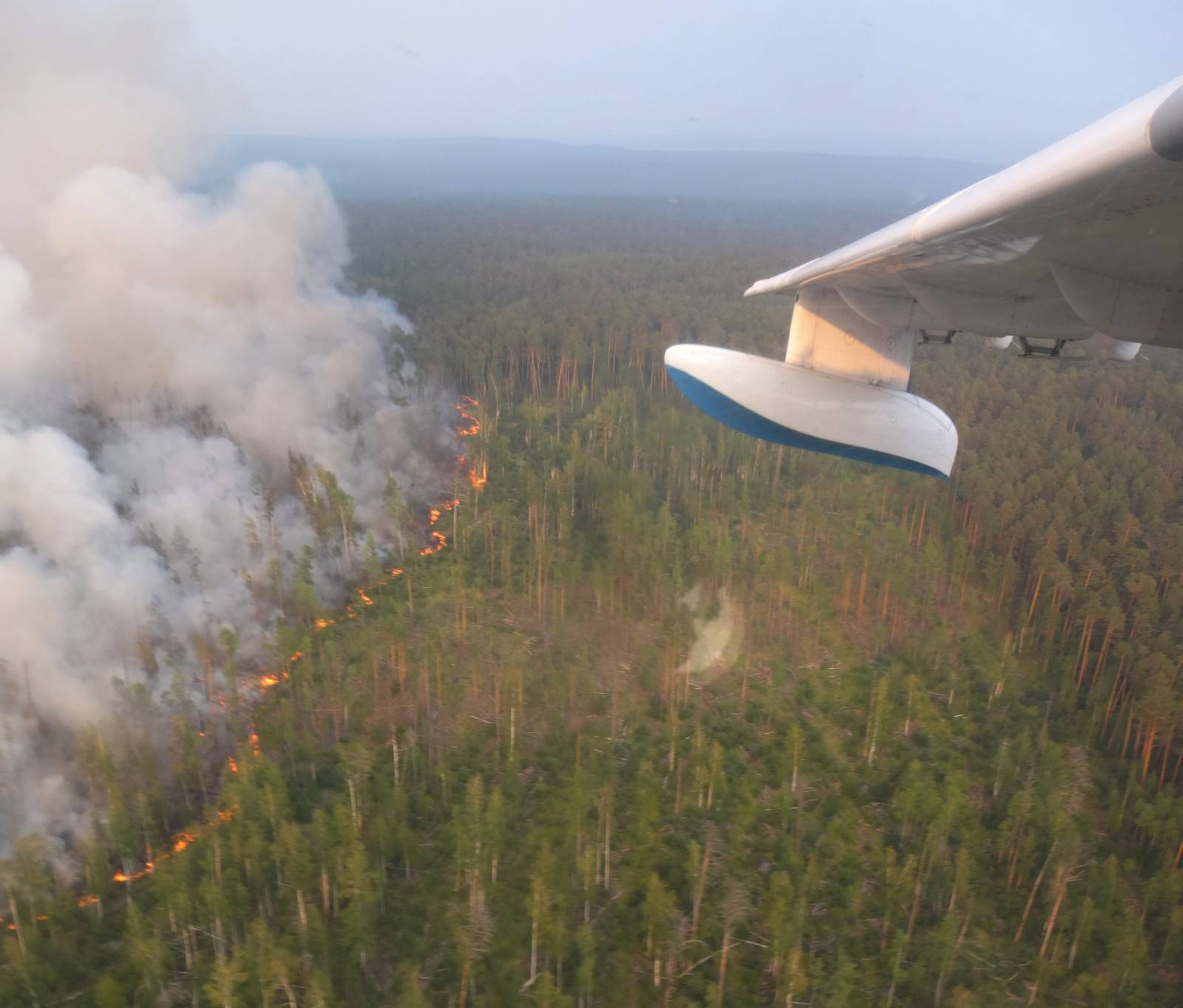 An aerial view shows flame and smoke rising fromÂ a wildfire in Krasnoyarsk region