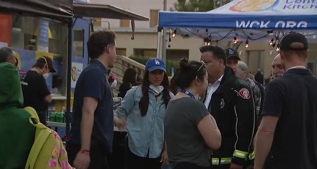 Prince Harry and Meghan Markle at the Pasadena Convention Center meeting with emergency services and victims of the Eaton fire during the Los Angeles fire