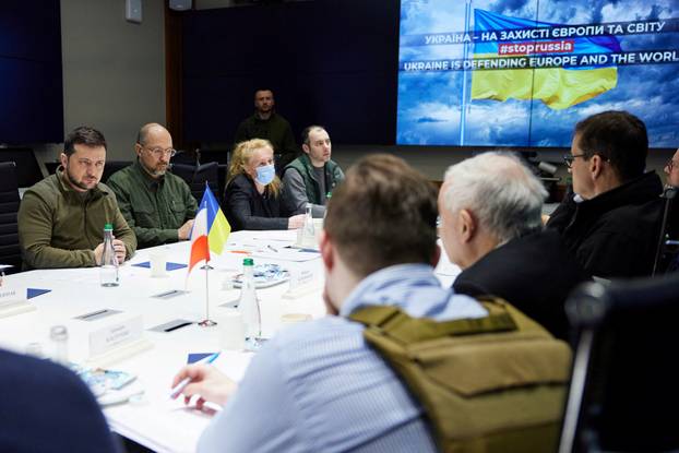 Ukraine's President Zelenskiy and Prime Minister Shmygal attend a meeting with Czech Prime Minister Fiala, Slovenia's Prime Minister Jansa, Polish Prime Minister Morawiecki and Deputy Prime Minister Kaczynski in Kyiv