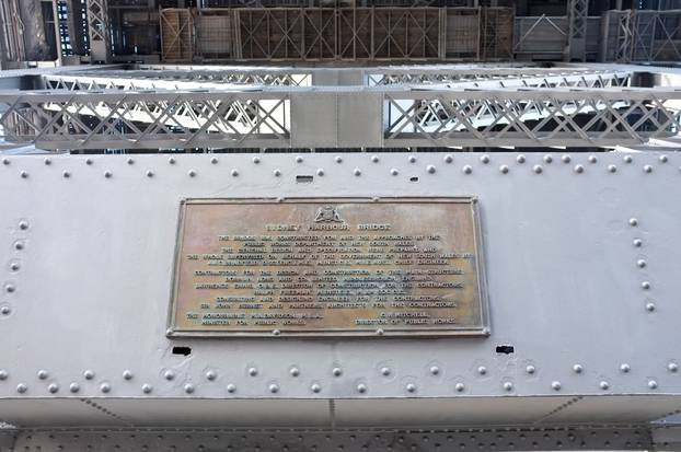 Brass information plaque or sign commemorating the construction of Sydney Harbour Bridge on the North Shore