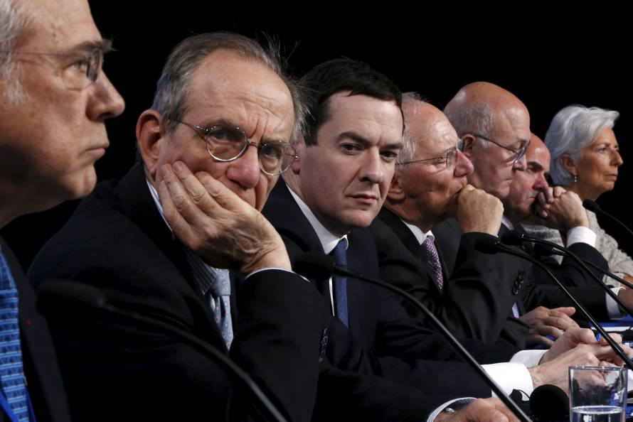 Gurria, Padoan, Osborne, Schaeuble, Sapin, Guindos and Lagarde attend a news conference at the IMF/World Bank Spring Meetings in Washington