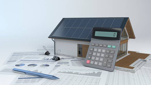House,With,Photovoltaic,Solar,Panel,And,Calculator,And,Documents,-