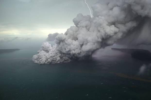 An aerial view of Anak Krakatau volcano during an eruption at Sunda strait in South Lampung