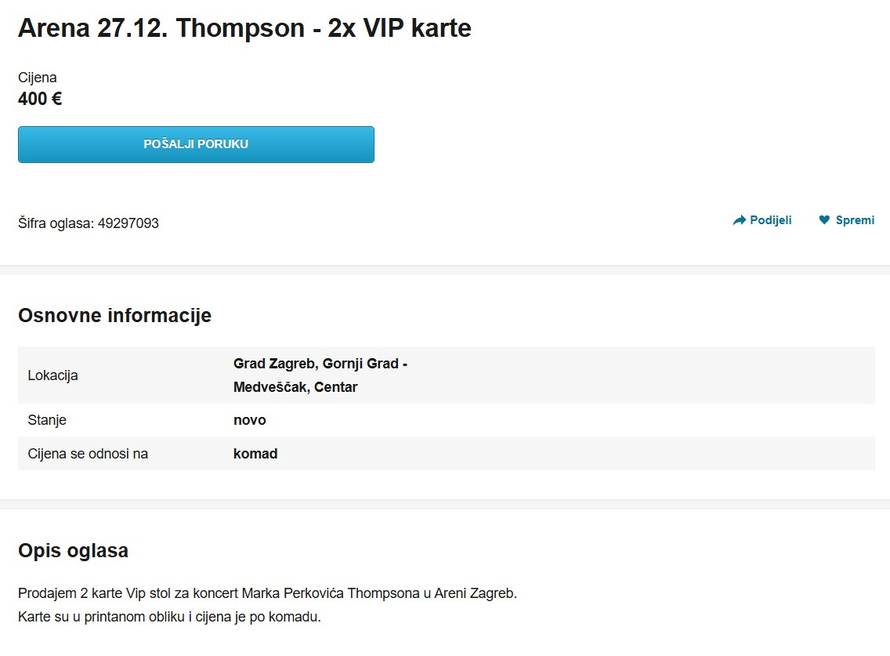Karte za Thompsona u Areni prodaju i po 200€ po oglasima