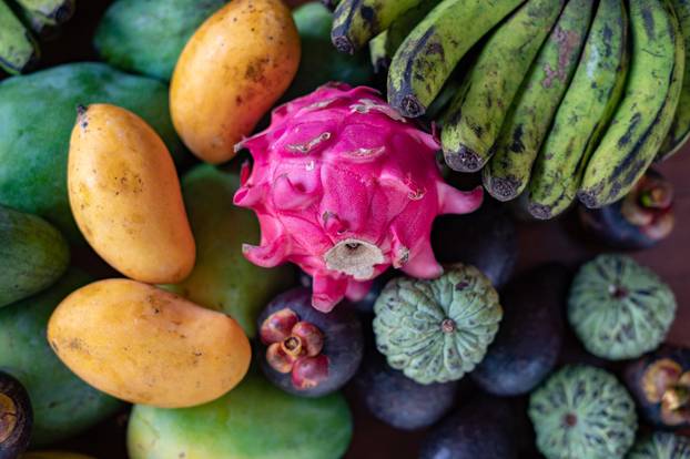 Set of Balinese fruits and vegetables . Flat lay