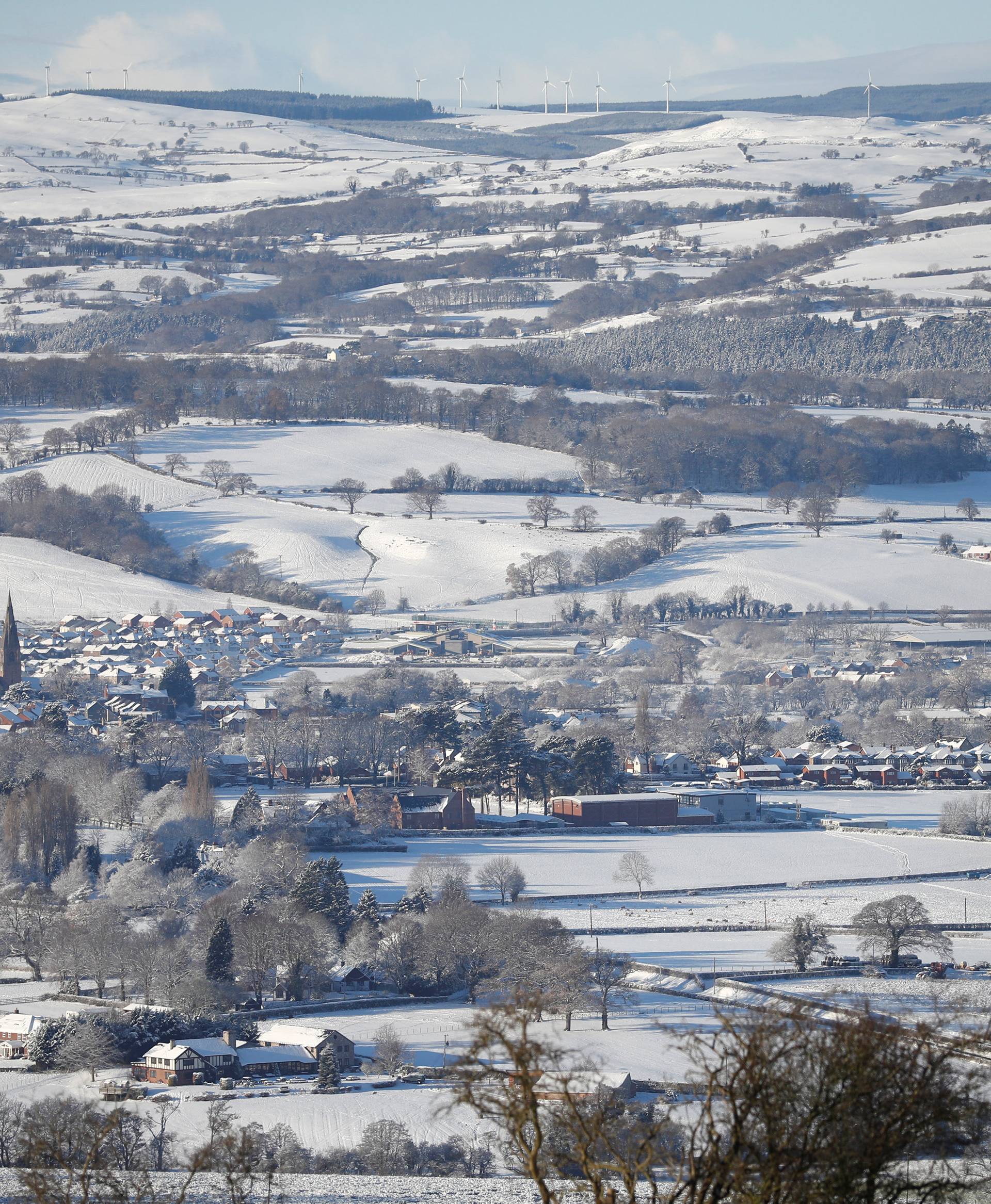 Snow blankets the countryside near Ruthin, north Wales