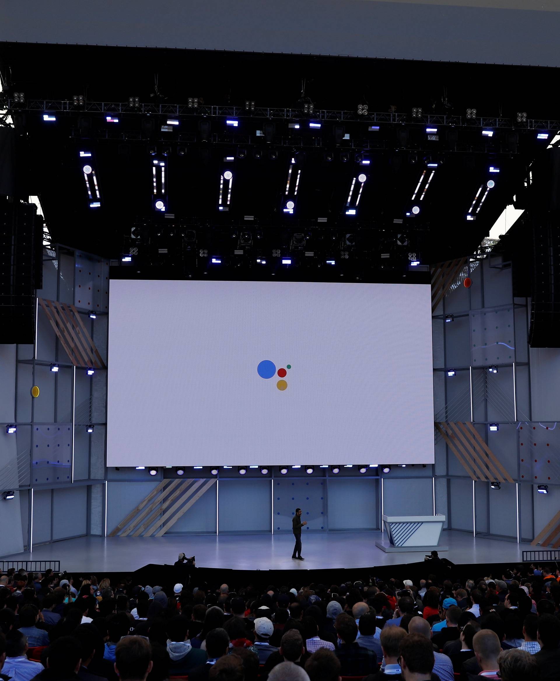 Google CEO Sundar Pichai speaks on stage during the annual Google I/O developers conference in Mountain View