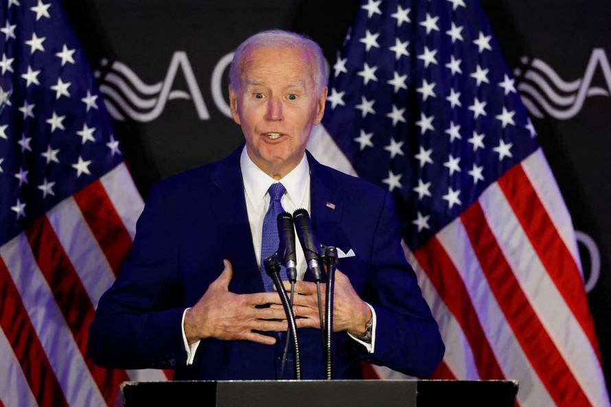FILE PHOTO: Former U.S. President Joe Biden makes his first speech since leaving office, in Chicago