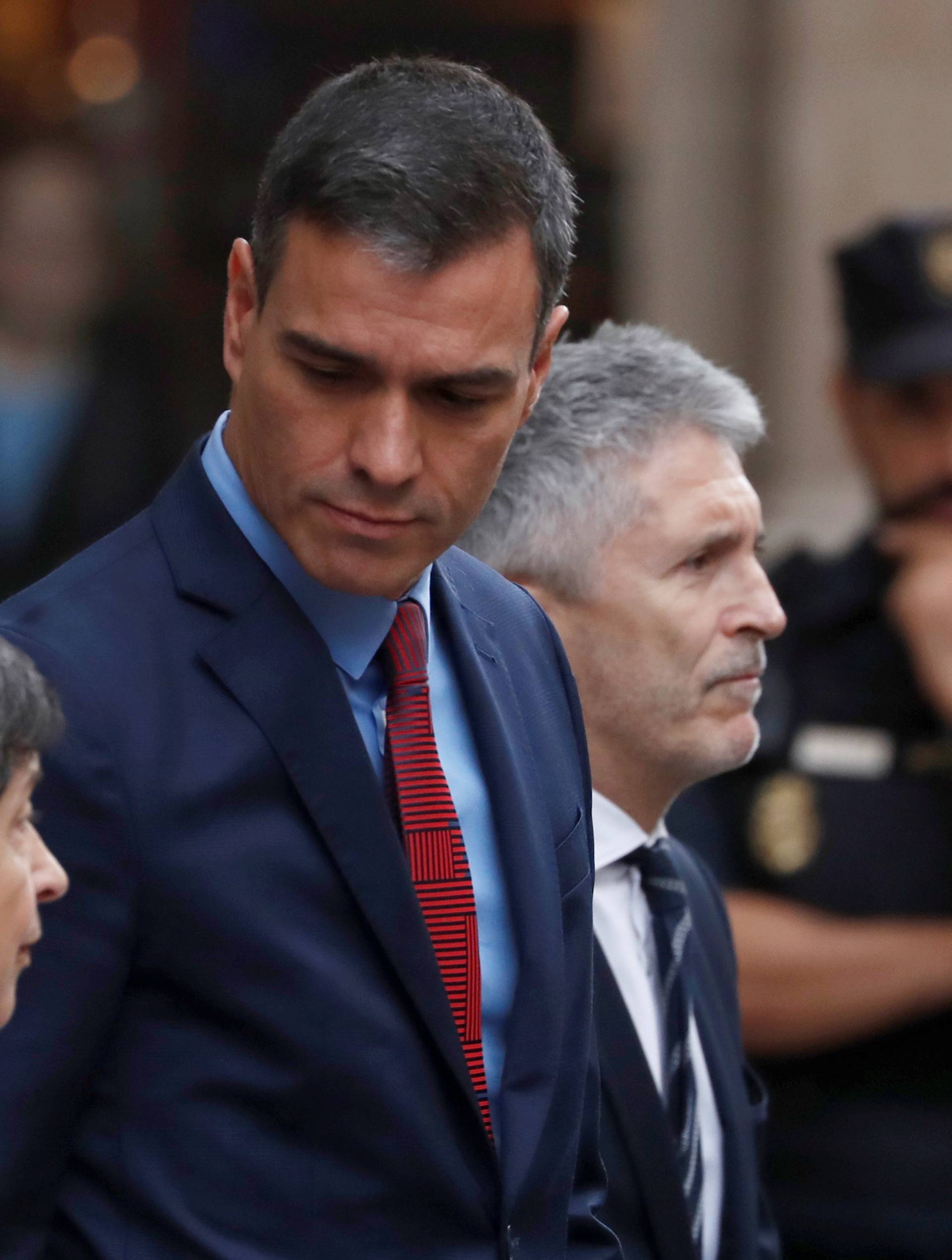 Spain's acting Prime Minister Pedro Sanchez visits the National Police headquarters in Barcelona