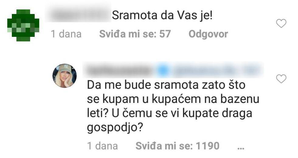 Napala Karleušu zbog golišavog videa: Sramota!; ona odbrusila: 'U čemu se vi kupate gospođo?'