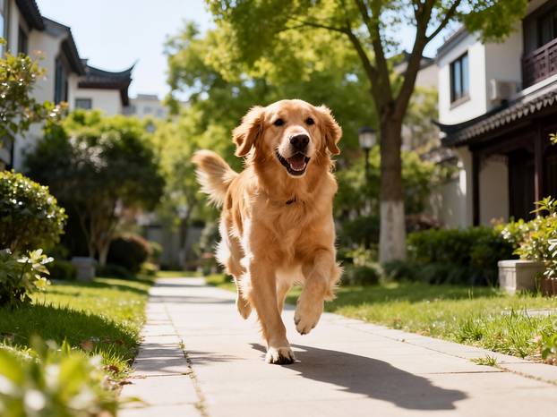 A,Joyful,Golden,Retriever,Dog,Runs,Directly,Toward,The,Camera