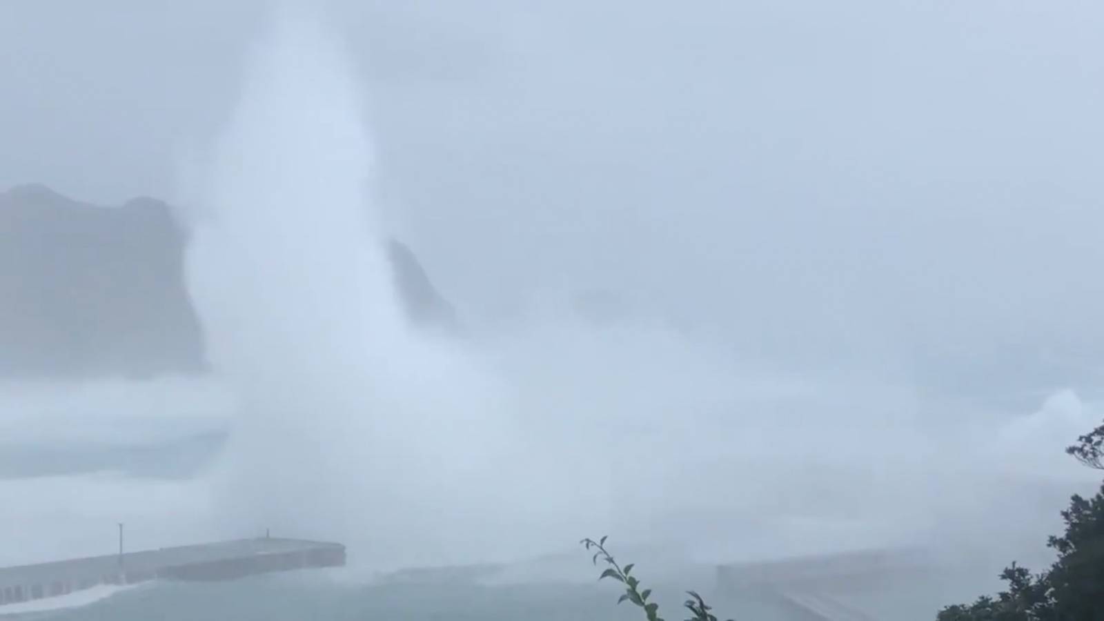 A massive wave pushed by winds is seen during Typhoon Hagibis in Kozu Island