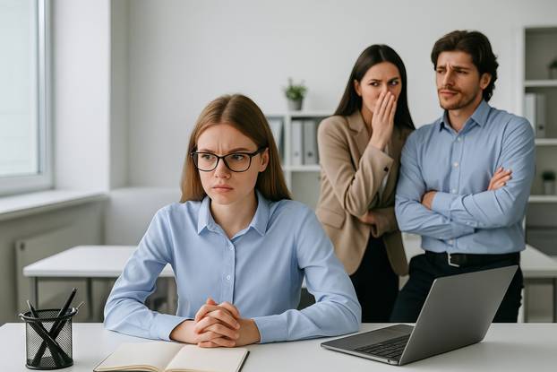 Office gossip scene with colleagues whispering and woman looking concerned at desk, concept of workplace dynamics, professional interaction, office challenges