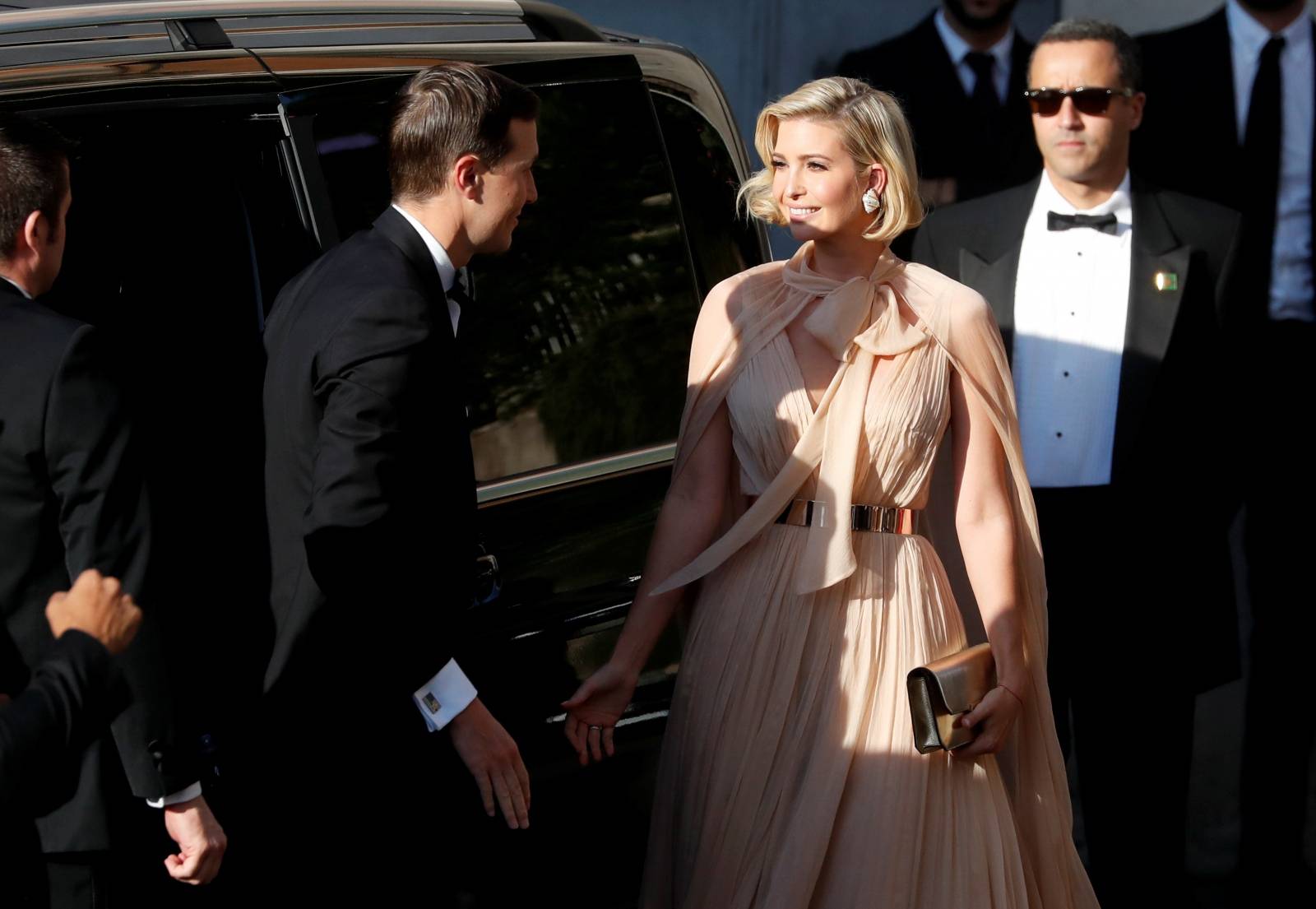 Ivanka Trump and her husband Senior Advisor to the President of the United States Jared Kushner  arrive to attend the wedding of fashion designer Misha Nonoo at Villa Aurelia in Rome