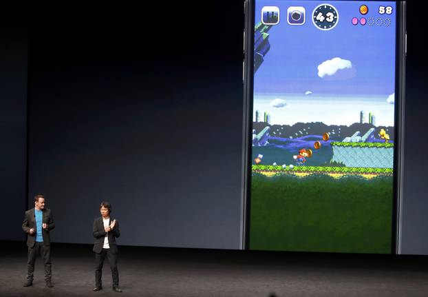 Shigeru Miyamoto announces a Mario Bros game for the iPhone during an Apple media event in San Francisco