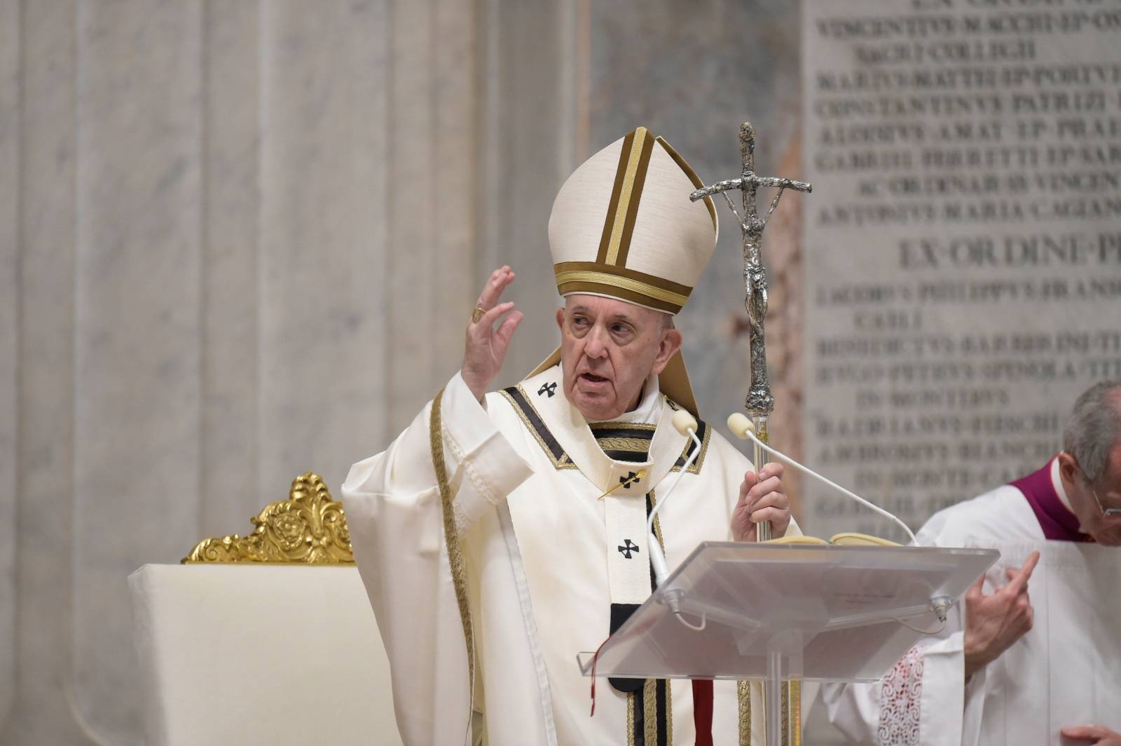 Pope Francis leads an Easter vigil service with no public participation due to the coronavirus (COVID-19) outbreak, in Vatican