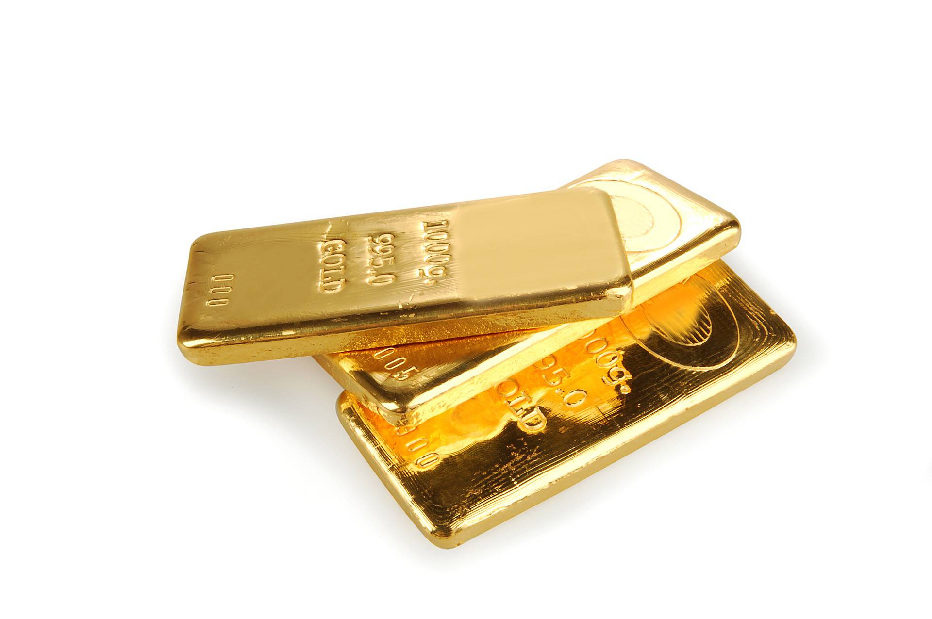 Three flat gold bars stacked on a white background