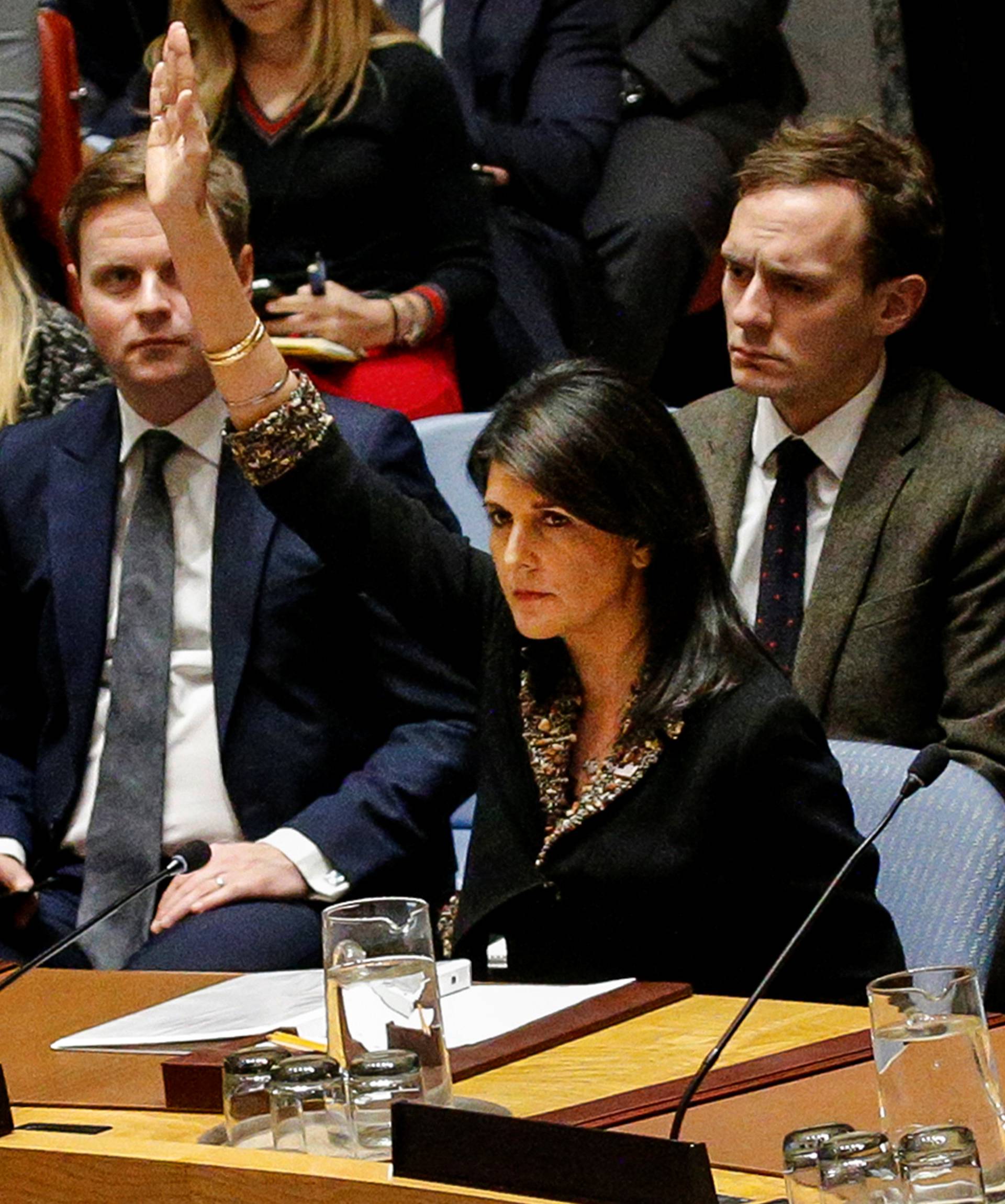 U.S. Ambassador to the United Nations Nikki Haley vetos an Egyptian-drafted resolution regarding recent decisions concerning the status of Jerusalem, during the United Nations Security Council meeting in New York