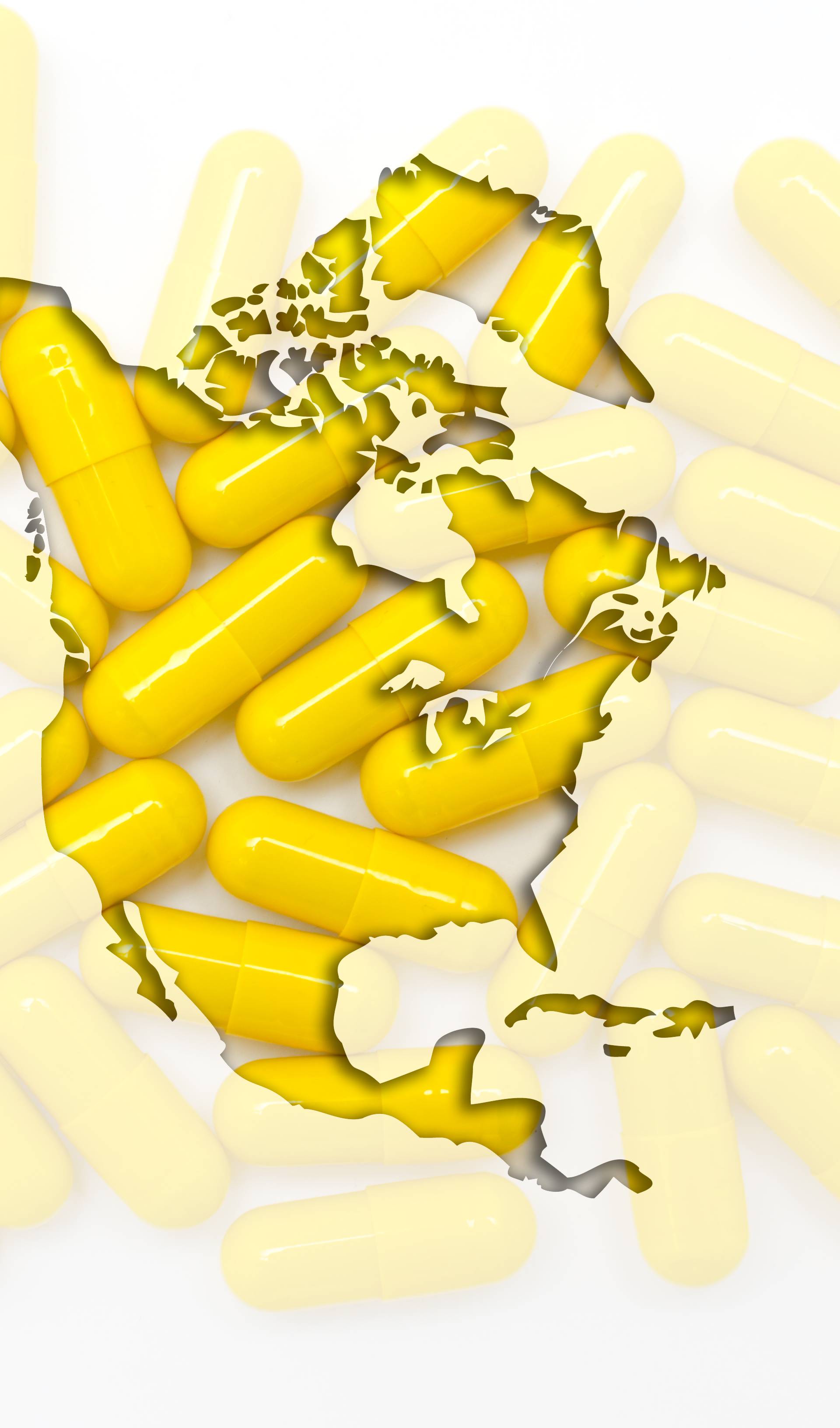 Outline map of north america with pills in the background for he