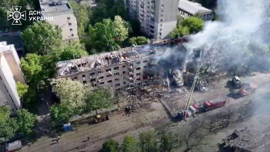 A drone view of a damaged building following a Russian strike in Kyiv
