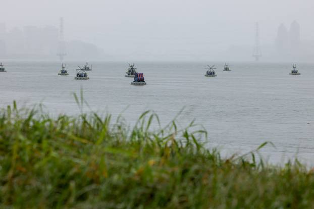 Explosive barrels placed by Taiwan military at the Tamsui River as part of a  series of emergency combat readiness drills in Taipei