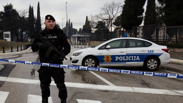 Police guard the United States embassy building in Podgorica