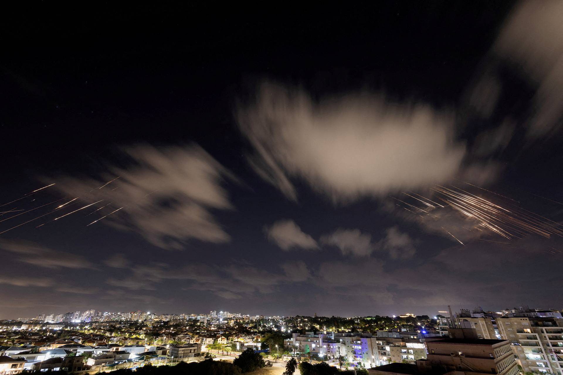 Israel's Iron Dome anti-missile system intercepts rockets, as seen from Ashkelon