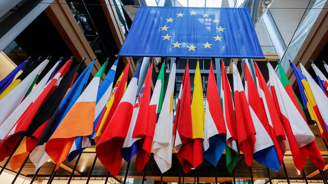 A view of different flags of the European Union Members during a debate on Poland's challenge to the supremacy of EU laws at the European Parliament, in Strasbourg