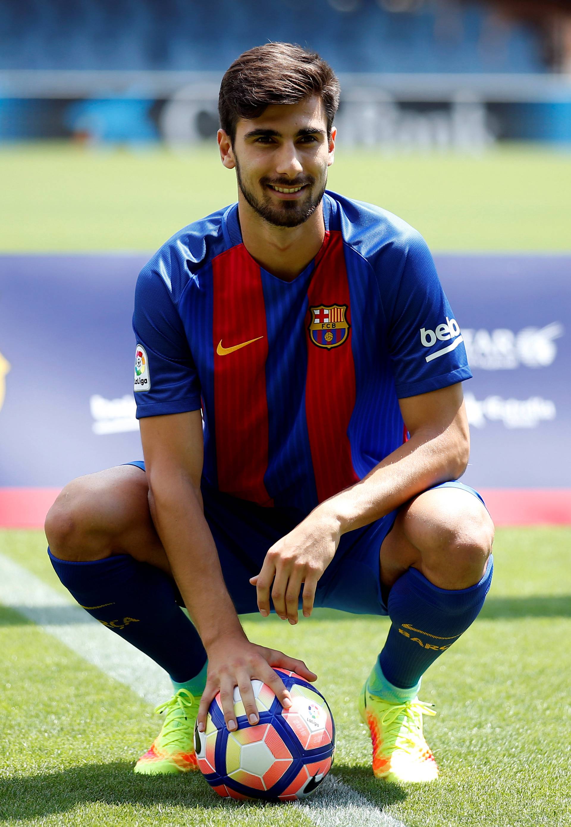 FC Barcelona's newly signed soccer player Andre Gomes poses during his presentation at Miniestadi stadium in Barcelona