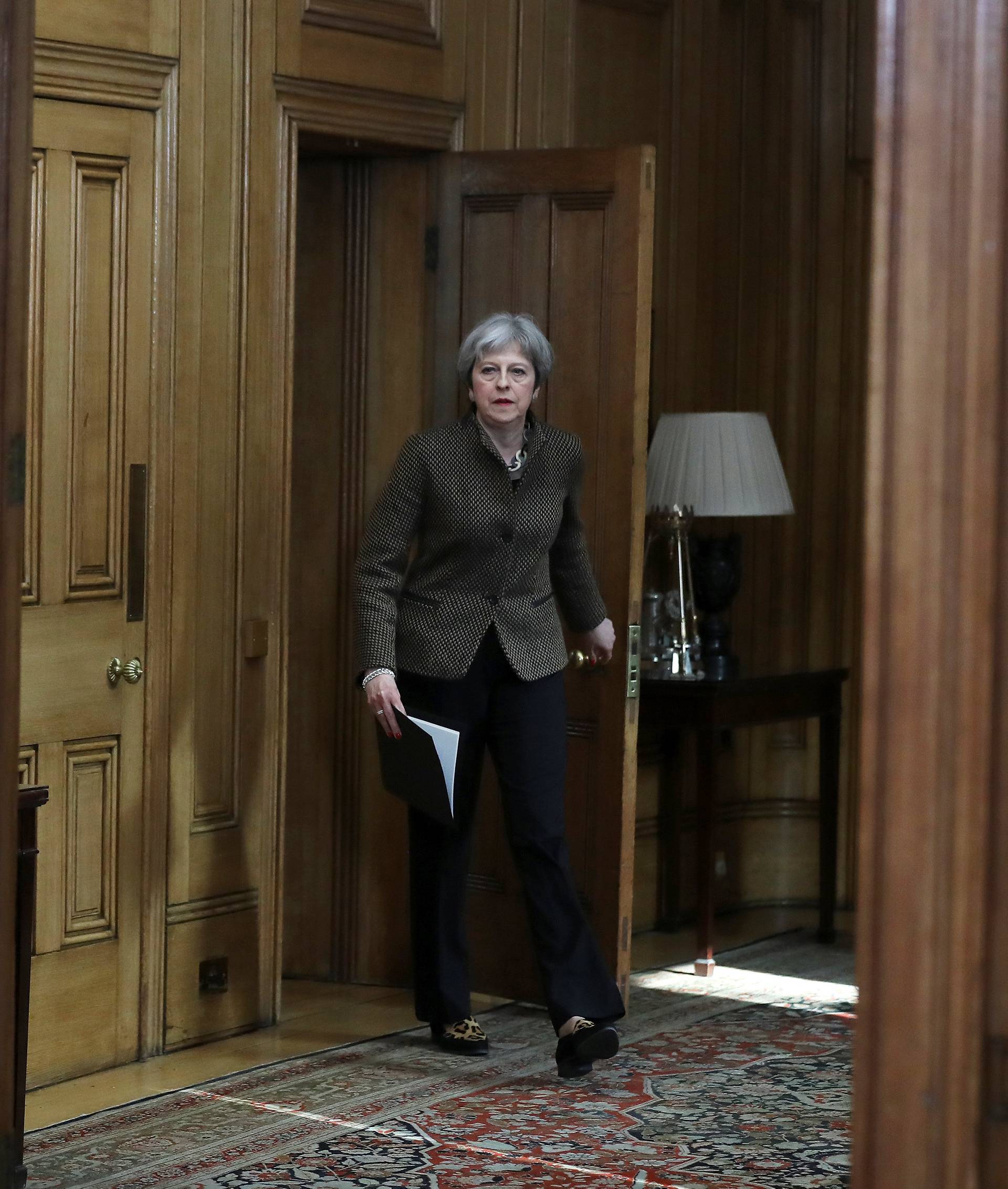 Britain's Prime Minister Theresa May attends a press conference in 10 Downing Street, London