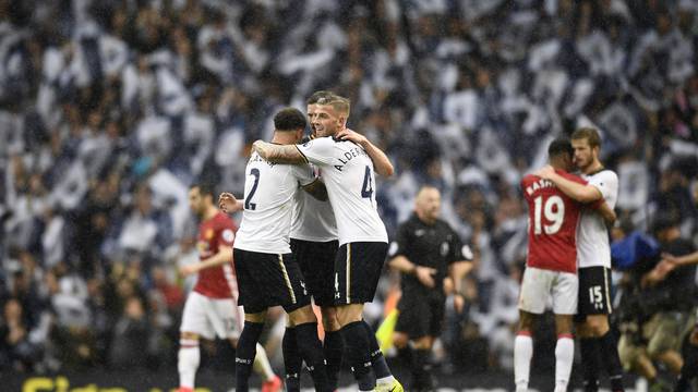 Tottenham's Toby Alderweireld and Kyle Walker celebrate after the match