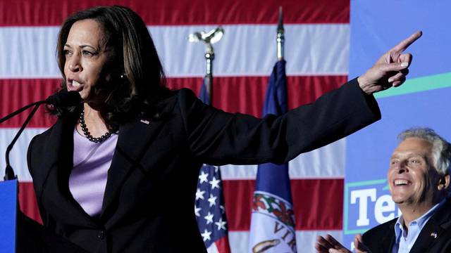 FILE PHOTO: U.S. Vice President Kamala Harris attends a campaign rally for Virginia Democratic gubernatorial candidate Terry McAuliffe in Dumfries