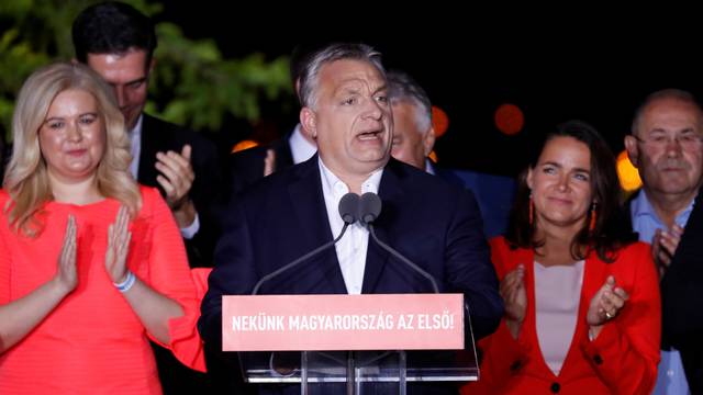 Hungarian Prime Minister Viktor Orban speaks following the preliminary results of the European Parliament election in Budapest
