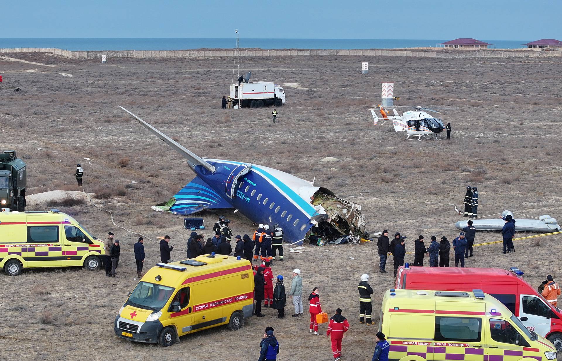 A drone view shows the crash site of a passenger plane near Aktau