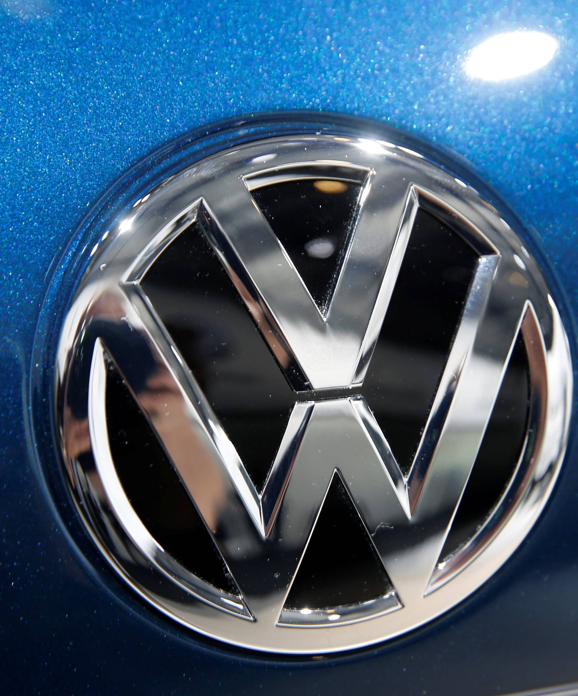 A Volkswagen logo is pictured during the Volkswagen Group's annual general meeting in Berlin