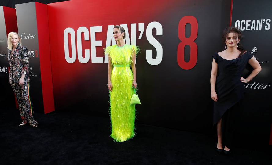 Cast members Blanchett, Paulson and Bonham Carter pose as they arrives at the world premiere of the film "Ocean's 8" at Alice Tully Hall in New York City