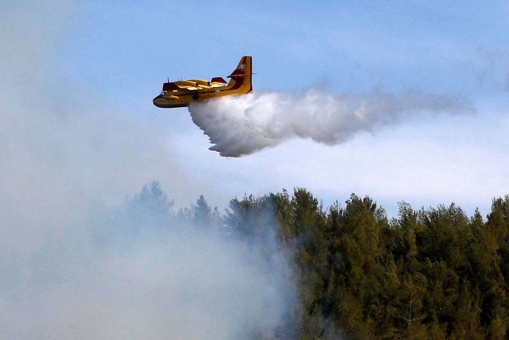 A firefighting plane from Greece fights a wildfire over a forest near Jerusalem 