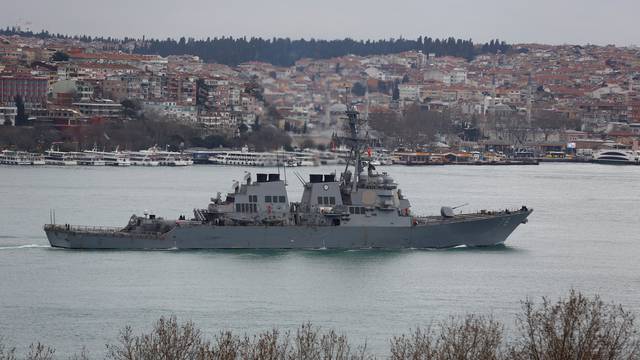 U.S. Navy guided-missile destroyer USS Porter sails in the Bosphorus, on its way to the Mediterranean Sea, in Istanbul